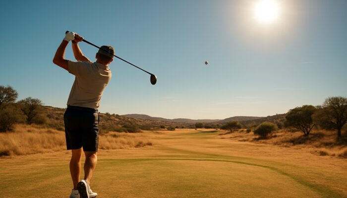 Golfer swinging a low-spin ball on a sun-drenched South African course under a blazing summer sky