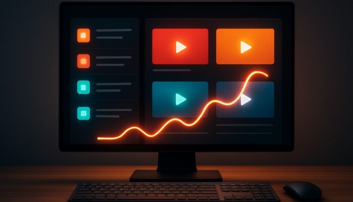 YouTube creator dashboard showcasing organised playlists, video thumbnails, and retention metrics for audience loyalty.