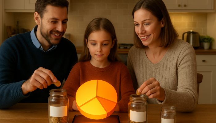 Building Buffers to Absorb Future Shocks: Practical Tips | DCL British family reviewing 50/30/20 pie chart with labeled savings jars in kitchen